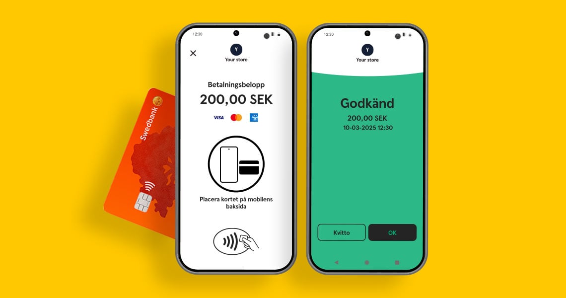 Två androidtelefoner som tar emot kortbetalningar