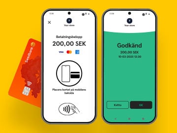 Två androidtelefoner som tar emot kortbetalningar